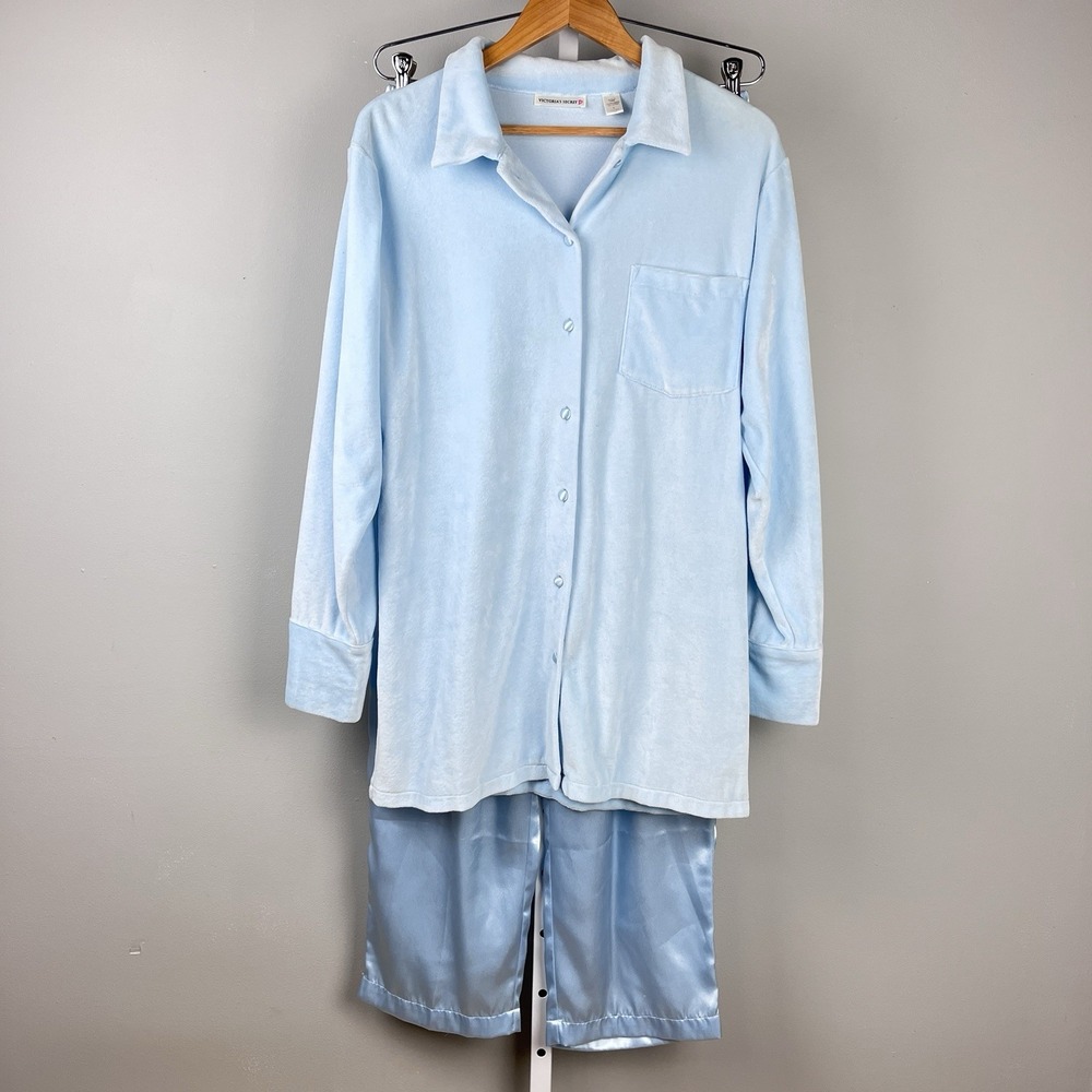 Victoria's Secret Pajama Set Womens Large Blue Velour Satin Vintage 90s